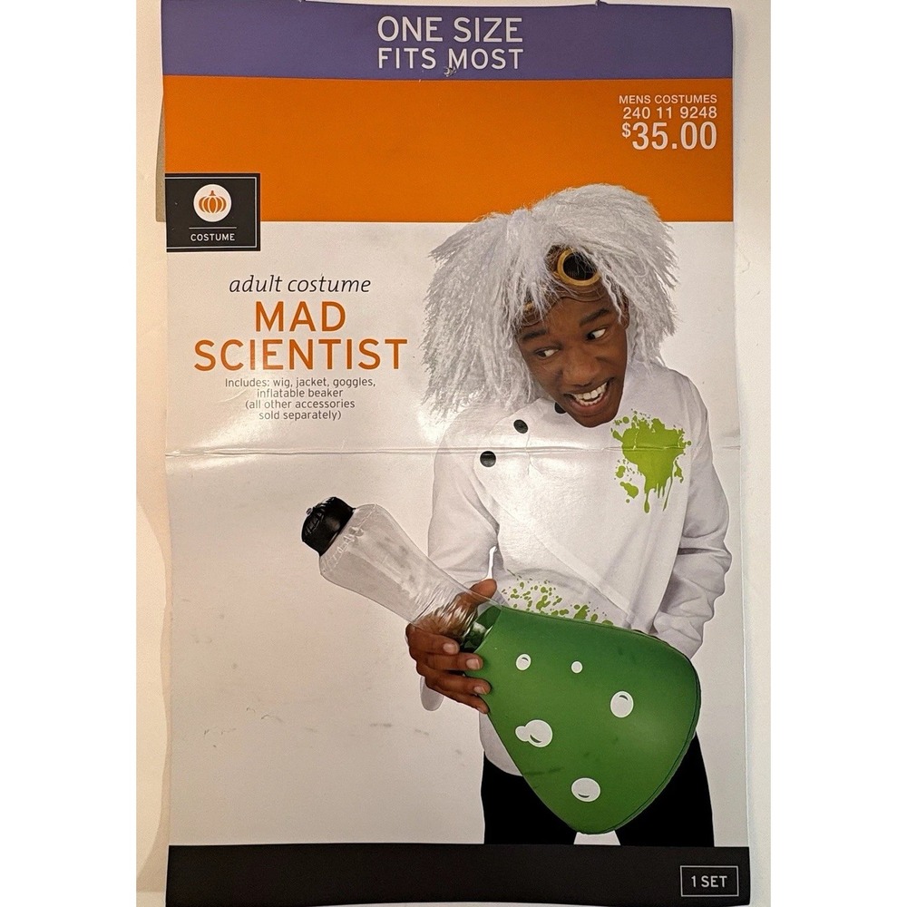 Mad Scientist Adult Costume Set One Size White/Green Jacket Wig Goggles Beaker